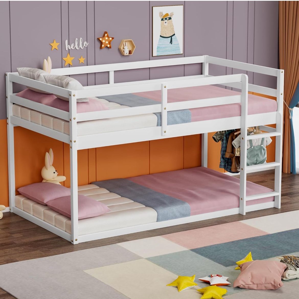 Low Bunk Bed Twin Over Twin, Floor Bunk Bed with Ladder, Twin Bunk Bed with Full Guardrails, Wooden Bunk Bed for Juniors, Boys, Girls, Kids, Bedrooms
