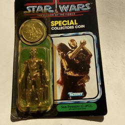 Rare mint on card package Star Wars POTF C3PO removable limbs coin 1984