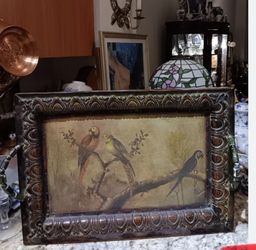Gorgeous vintage wood painted tray with metal rolled handles stunning may hang as art wall