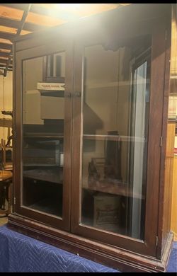 Vintage Wooden Storage Cabinet Shelf w/Glass Doors