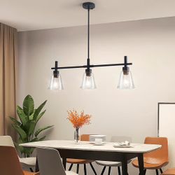 Black Kitchen Island Lighting, 3-Lights Modern Dining Room Light Fixture, Farmhouse Pendant Light Fixtures with Glass Shades, Adjustable Rectangle Lin