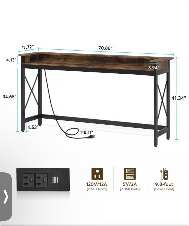 Turrella 70.9 in. Brown Extra Long Sofa Console Table with Outlets and USB Ports.