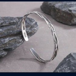 925 Sterling Silver Antique Unisex Skinny  Cuff Bracelet Band Gift 