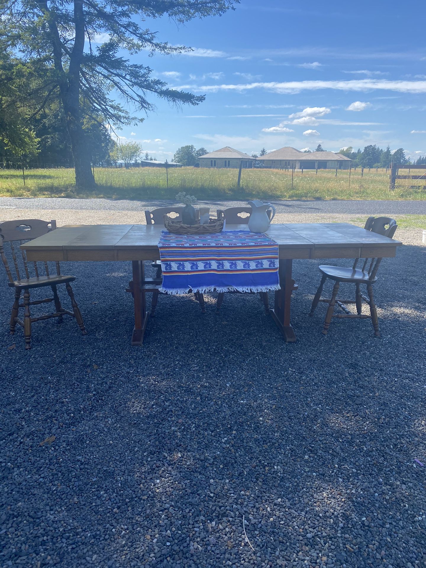 Wood Farmhouse Table (with leaves) + 4 chairs