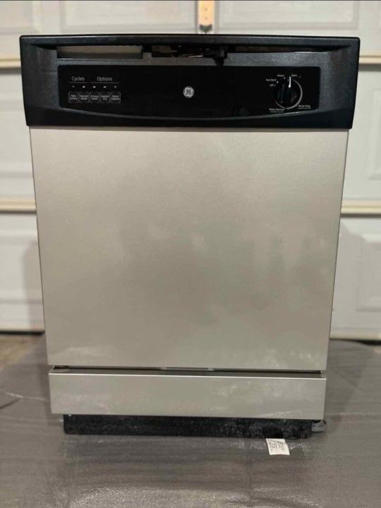 (GE) built-in dishwasher with a stainless steel finish and a black front control panel.