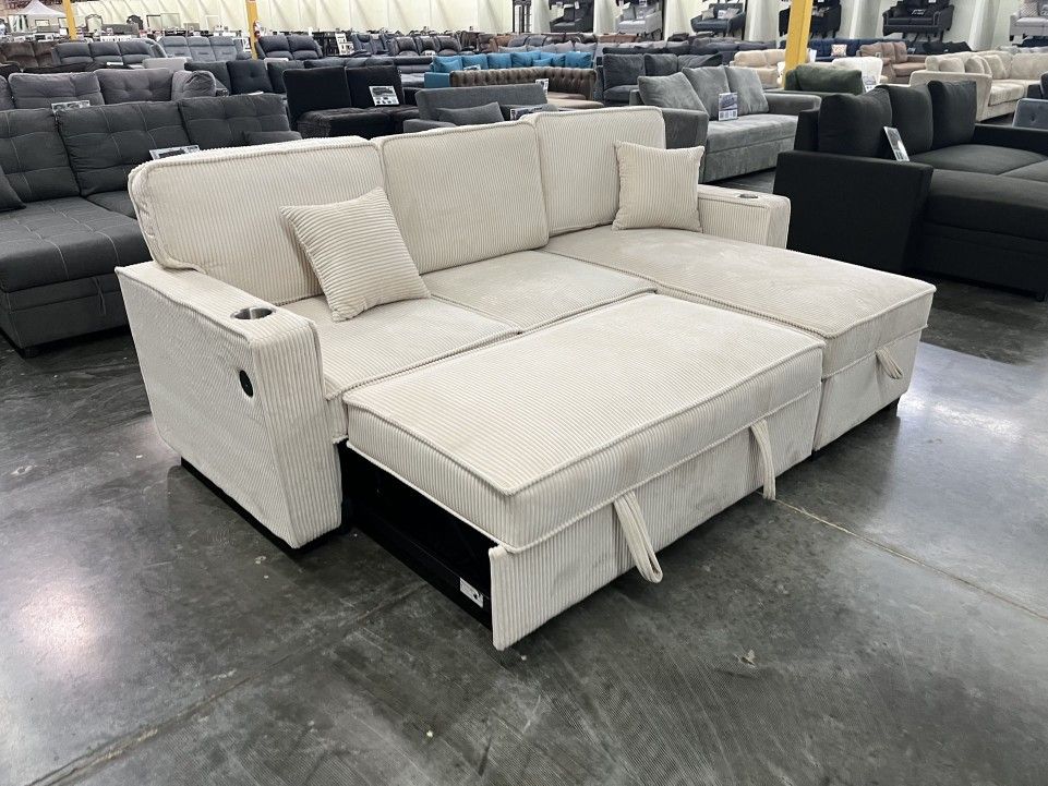Beige corduroy sectional sleeper sofa with pull out bed 