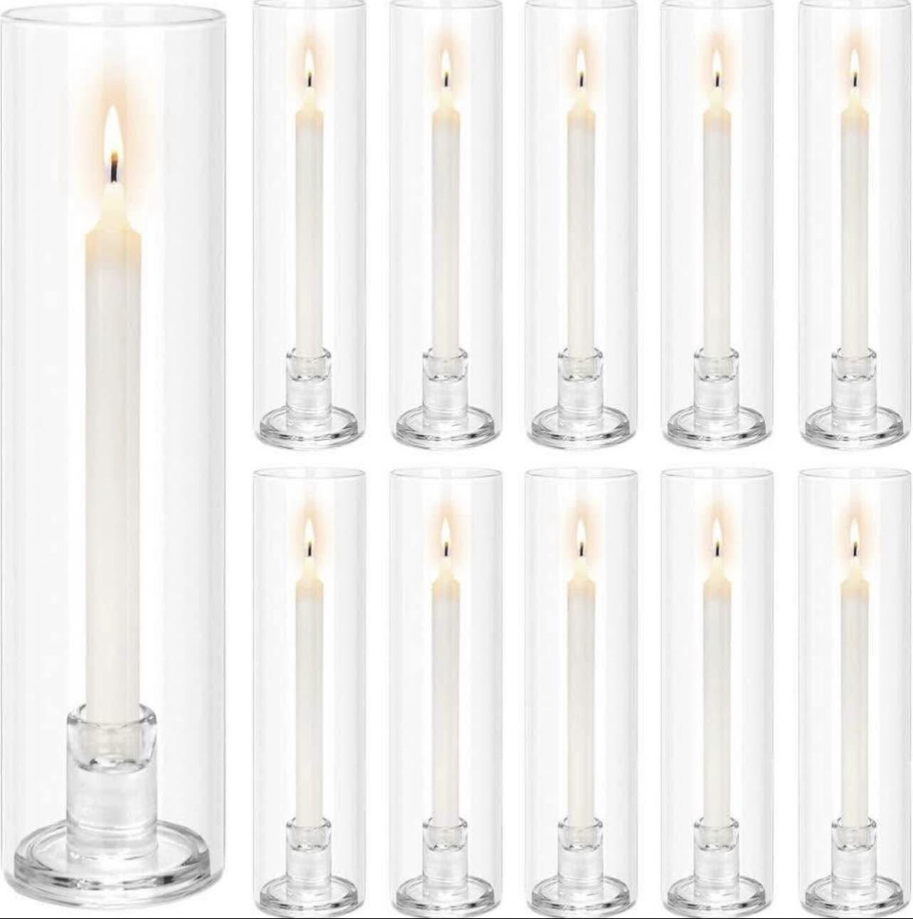 Hurricane Glass Candle Holders: 10 Pcs Candlestick Holder for Taper Candles with Cylinder Covers 11.8 inch Tall Windproof Clear Candlesticks Holder St