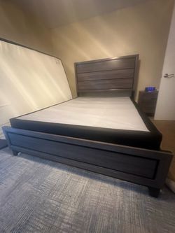 Queen Size Bed Frame with Headboard and Foundation – Dark Wood
