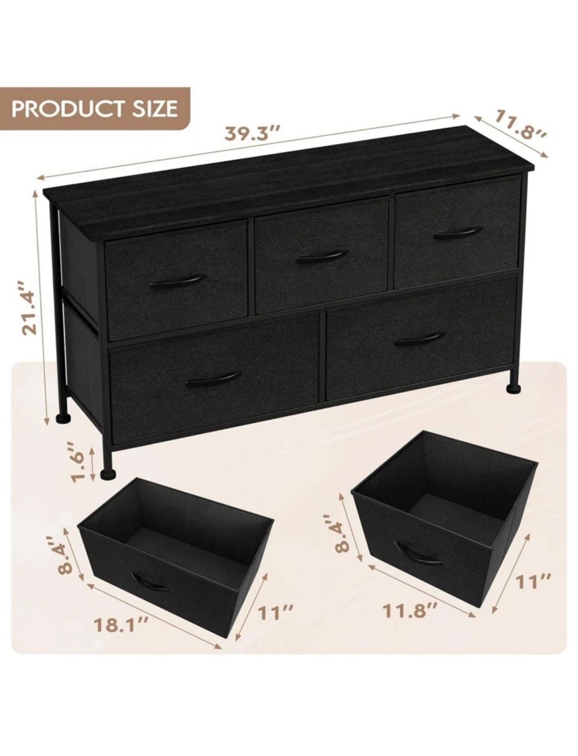 Furmax 1pc Dresser For Bedroom With 5 Drawers, Fabric Storage Drawer Unit, Black