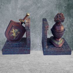 Beautiful Vintage 6"x 5" Medieval Knight Style Bookends Sheild And Helmet