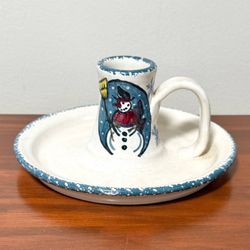 Snowman Stoneware Ceramic Pottery Christmas Chamber Candle Holder Decor