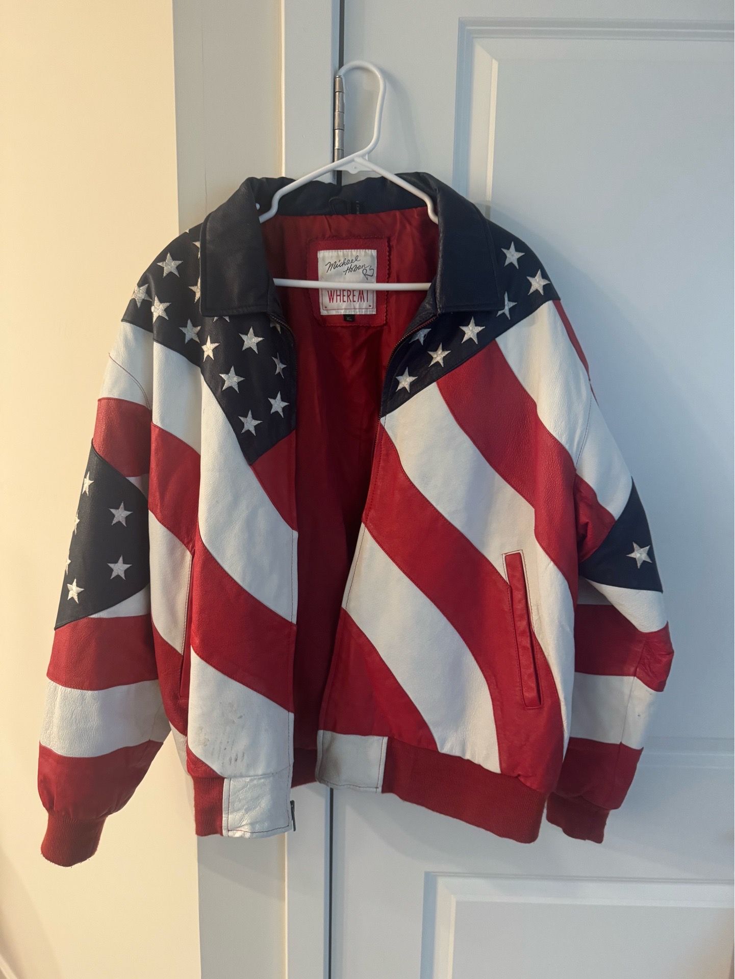 XL Michael Hobon American Flag Leather Jacket for sale