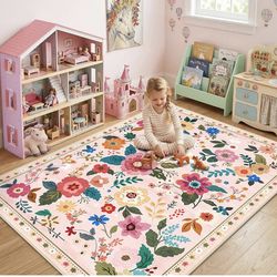 Floral 5x7 Area Rug Machine Washable Soft Print Boho Carpet Non Slip Doormat Low Pile Flower Area Rugs for Living Room Bedroom Nursery Kitchen Dining 