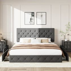 King Size Platform Bed Frame with Diamond-stitched Headboard and 4 Drawers, Dark Gray