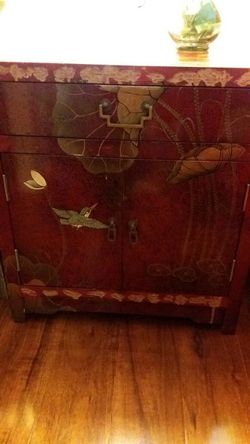 2 Chinese red lacquer table bought in Hong Kong very good condition,1 drawer and double door underneath plenty of space for storage!.