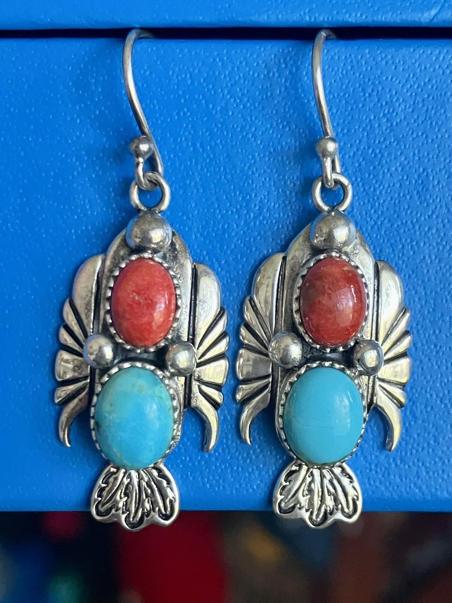 JTV NK SOUTHWESTERN TURQUOISE CORAL GEMSTONE STERLING SILVER DANGLE EARRINGS ‼️ See HUGE Collections Here  ‼️ Price Is FIRM ‼️