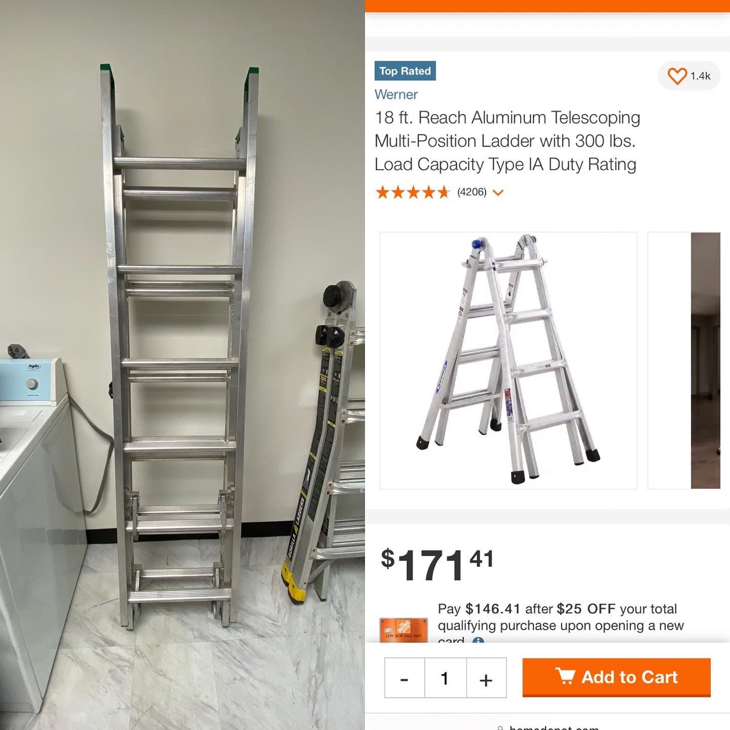 Werner 18 ft. Reach Aluminum Telescoping Multi-Position Ladder with 300 lbs. Load Capacity Type IA Duty Rating $119.99 - Located at Hidden Treasures t