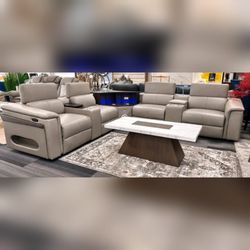 High Quality modern Luxury livingroom Gray 2 power recliner  sectional w/ Lift up bar Bluetooth speakers USB wireless charging speakers w/ Sub woofer 