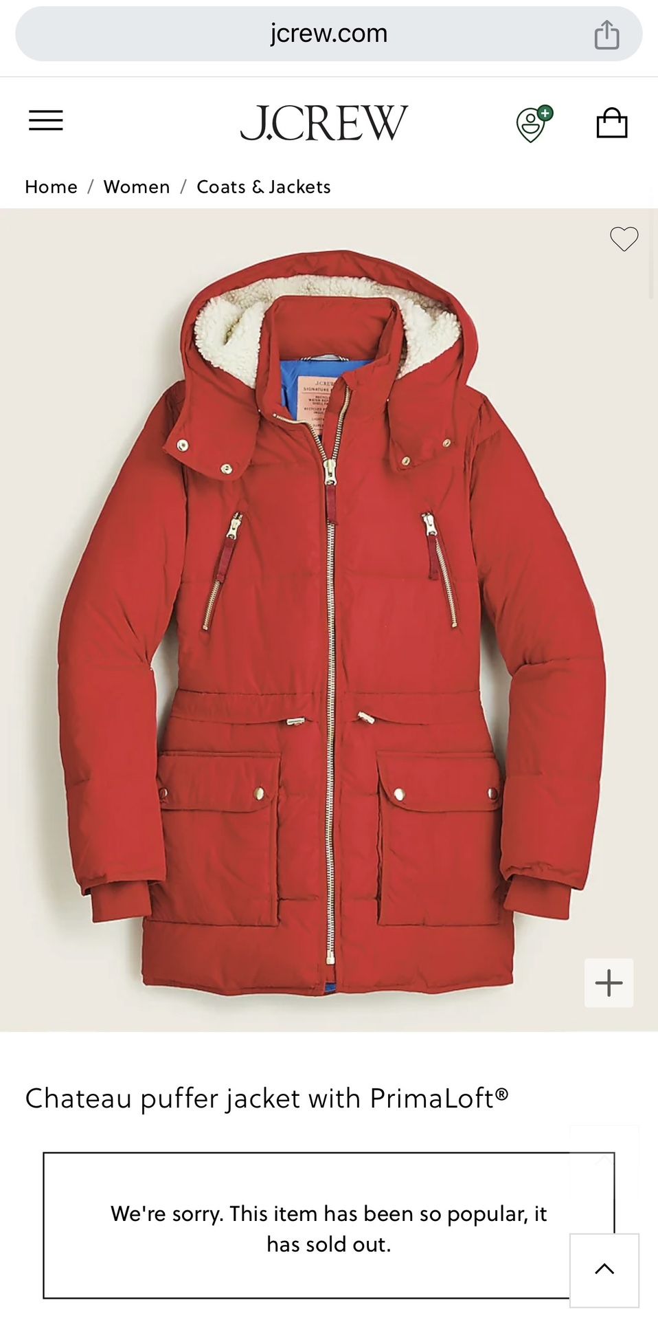 J.Crew Chateau Puffer Jacket Parka w/ Primaloft in Holiday Red - W’s Med. #AF012