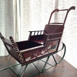 Hand painted Wood Winter Santa Sleigh Decor