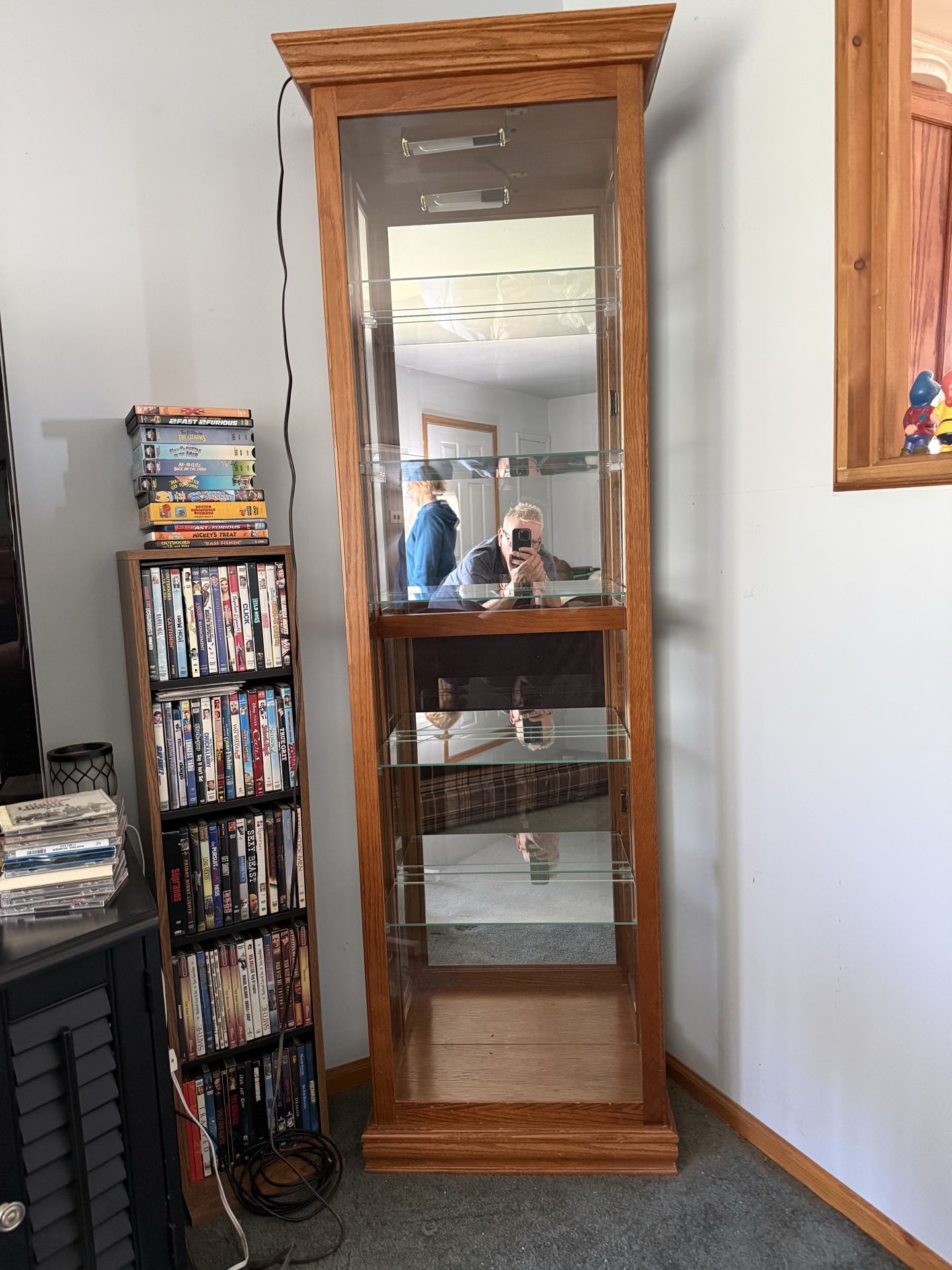 Lighted Oak Curio Cabinet Mirrored Back, Glass shelves