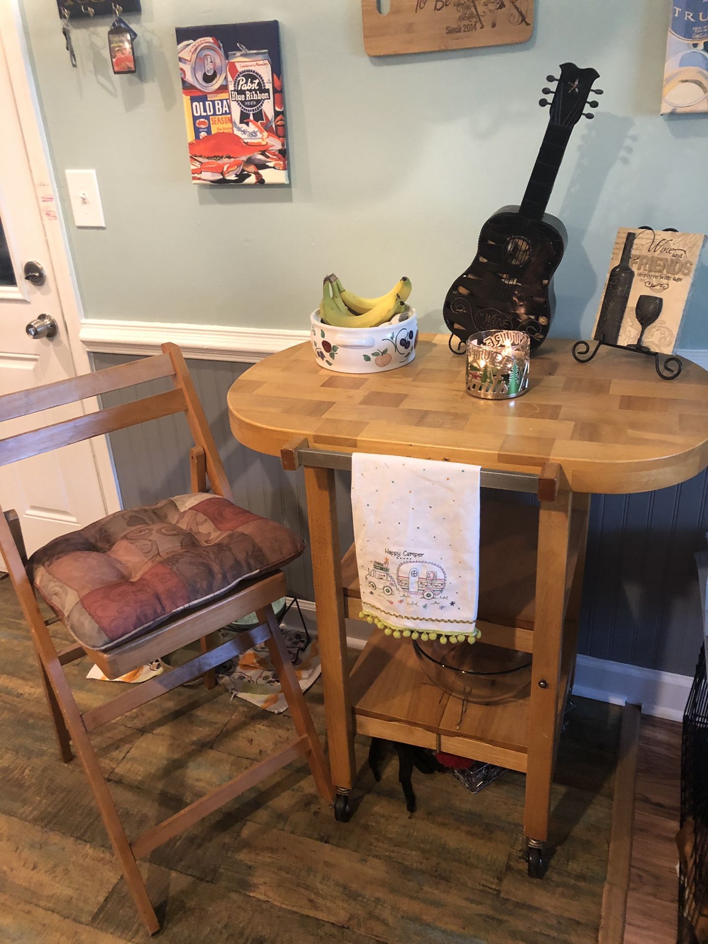 Cafe Rolling Table And 2 Tall Wood Chairs