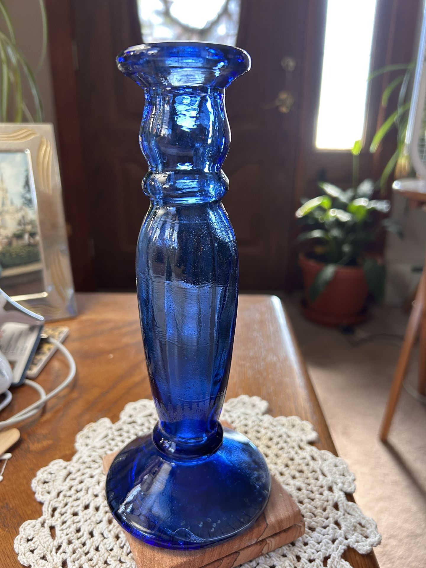 The Original & Genuine Recycle Glass Two Blue Candlesticks Made in Spain 8 1/2”