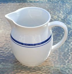 HOME Ceramic Pitcher White with Blue Stripes 8" high