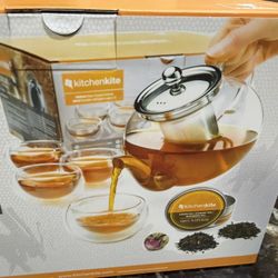 Kitchen Kite Glass Teapot Set with 4 Double Wall Teacups & Removable Stainles...new