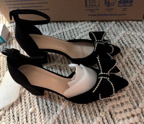 Brand New Cute Black Heels w/Sparkly Bow & Silver Accent