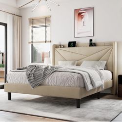 Beige Bed Frame With Charging Port 