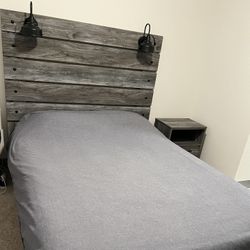 Bed Set: Gray Wood Bed Frame With Built In Lamps, Dresser & Mirror, 2 Nightstands