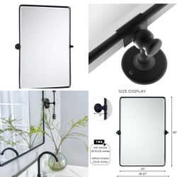 Matt Black Pivot Rectangle Bathroom Vanity Mirrror Farmhouse Tiltable Rounded Metal Framed Pivoting Bathroom Mirror with Beveled Mirrror, Overall 27 x