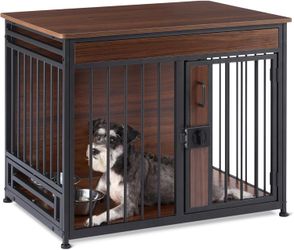 Dog Crate, Sturdy Wooden Pet Kennel, End Table with Space for Pet, Two Bowls Included, 30" x 20.4" x 23.6", Walnut