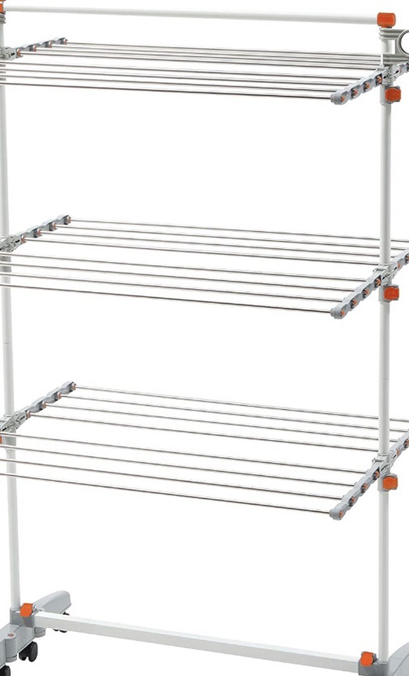 idee BDP-V23 Foldable Rolling 3-tier Clothes Laundry Drying Rack with Stainless Steel Hanging Rods, Collapsible Shelves and Base for Easy Storage, Mad
