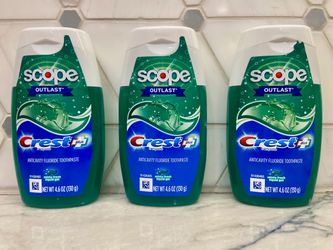 Crest toothpaste. Crest + Scope Outlast Anticavity Fluoride Toothpaste. Minty fresh liquid gel. Each bottle is 4.6 oz. New