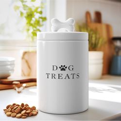Barnyard Designs Ceramic Dog Treat Container with Airtight Lid (White) Large Rustic Storage Canister and Cookie Jar for Kitchen Counter; Airtight Lid 