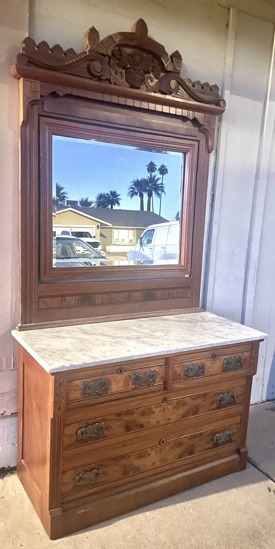 Gorgeous Antique Victorian Eastlake Walnut Burl Marble Top Dresser & Mirror