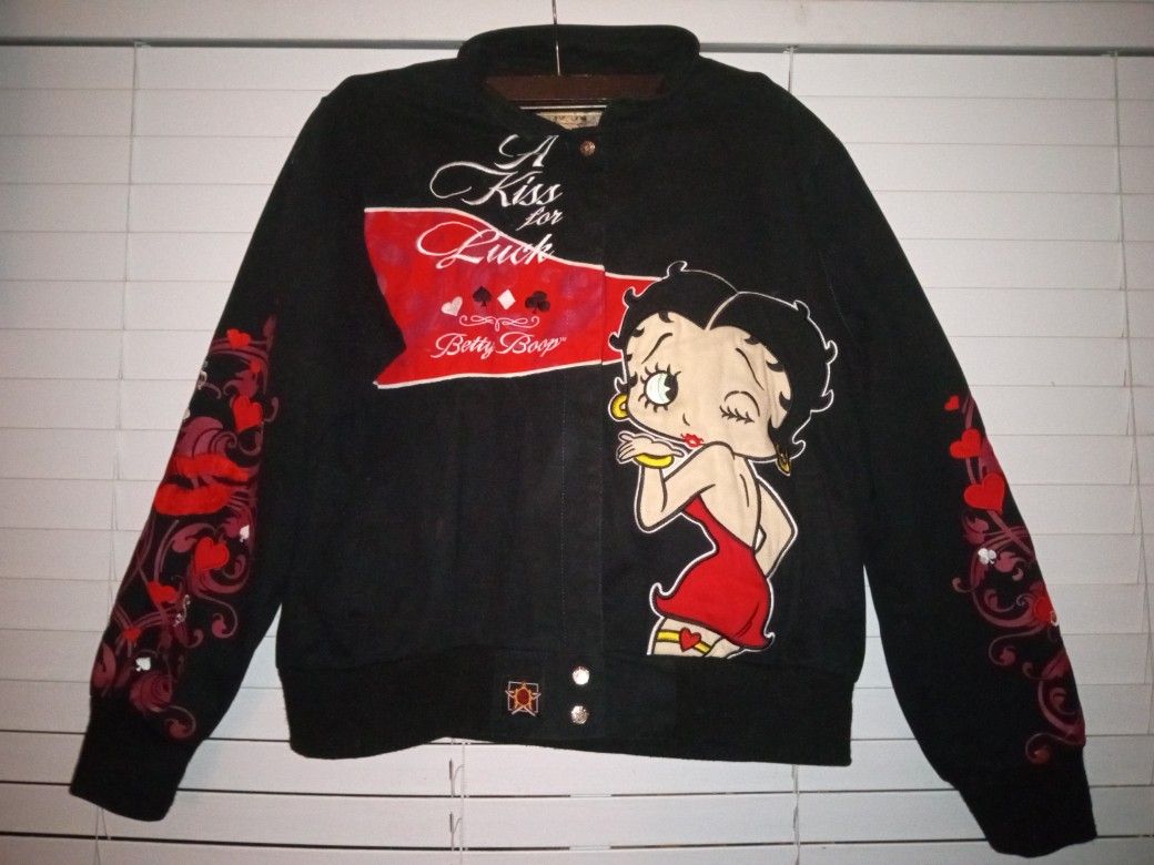 Vtg 90s Betty Boop Embroidered Jacket Jeff Hamilton Designs Lady Luck Jacket "A Kiss For Luck"