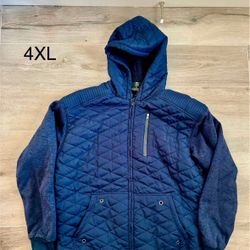 4XL quilted insulated zip up navy blue hooded sweatshirt.