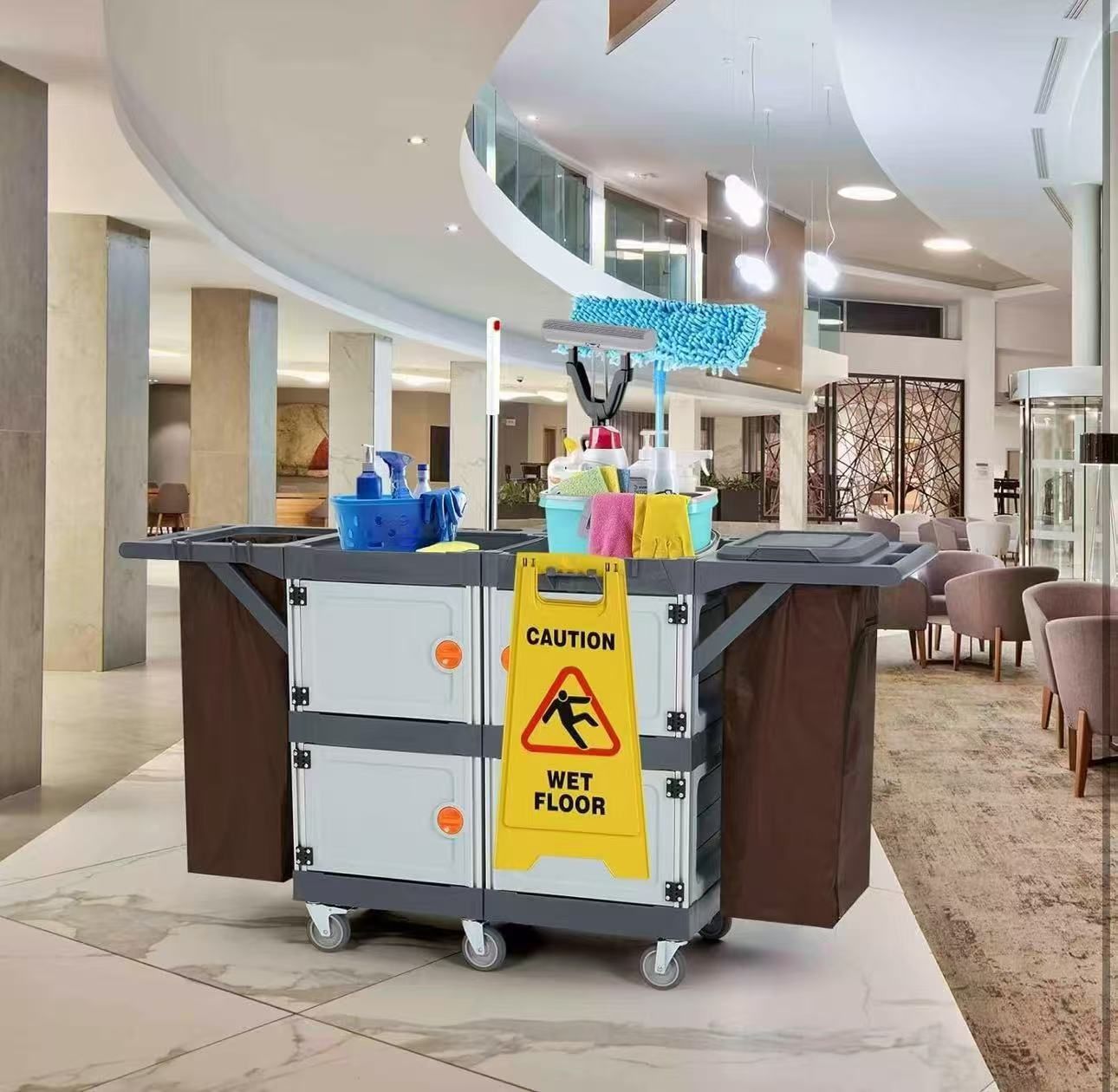 🔥On sale🔥 Commercial Janitorial Cart with 4 Cabinet, Hotel Cart Housekeeping Room Service Cart Hand Push Utility Cart with Wheels, Cleaning Cart wit