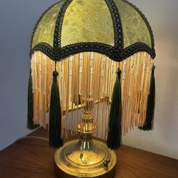 Vintage Brass Boudoir Table Heavy Lamp with Custom Green Fringe Shade Table Desk Lamp Art Deco 