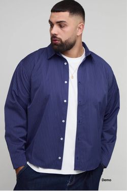 boohooMAN Plus Oversized Boxy Long Sleeve Striped Curved Hem Shirt - Navy (3XL)
