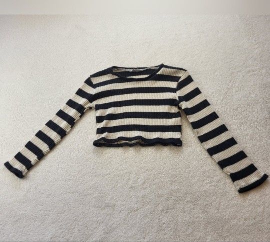 Zara Black White Striped Sweater Crop Top Long Sleeves Women's Size Small