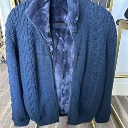 Kiton cashmere wool navy blue, Inside rex fur, jacket