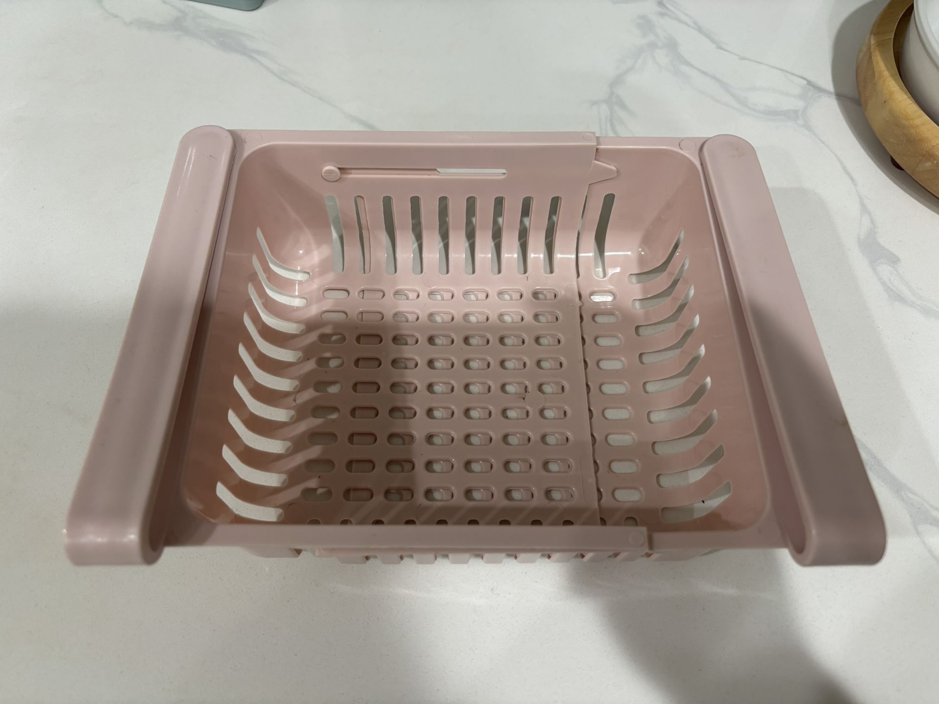 Pink Adjustable Refrigerator Storage Basket - Durable Plastic, Pull-Out Countertop Shelf