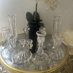 Crystal Glass Set Of Candle Holders and Vases