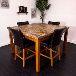 Dining Table Set – Stone Top + 4 Leather Chairs