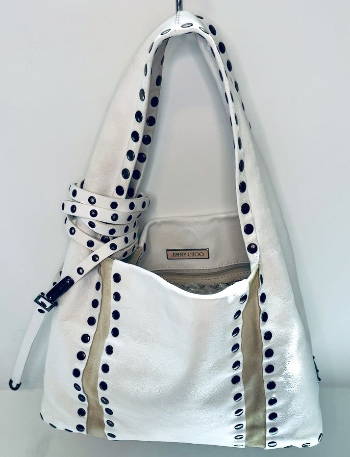 Jimmy Choo Saba Leather Hobo Hand Shoulder Bag Studded White Suede Gorgeous EUC