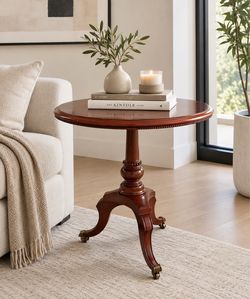 Round Mahogany Pedestal Side Table with Casters